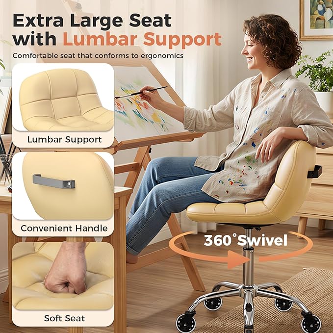 Rolling Stool Chair with Wheels, Height Adjustable Stool with Back Support, Office Drafting Chair with PU Leather Cushion for Home Office Kitchen Vanity Salon Garage Tattoo Dentist Esthetician(White)