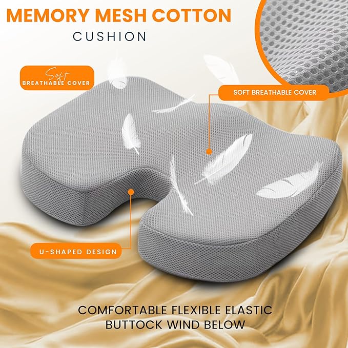 GRAND PITSTOP Gel Memory Foam Seat Cushion – Orthopedic Ergonomic Cushion for Office Chair, Car, Home & Travel – Tailbone, Sciatica & Back Pain Relief Pillow for Long Sitting Comfort