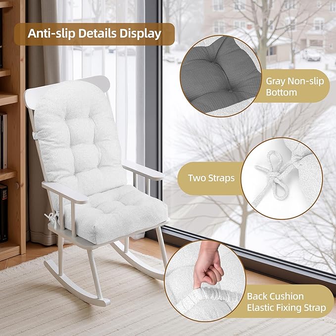 Rocking Chair Cushion - Lola Cotton-Linen Fabric, High-Density Sponge, Durable Comfort Non-Slip Bottom Tufted Seat Pads with Ties, Lola︱Off-White, 44x19x4 inch