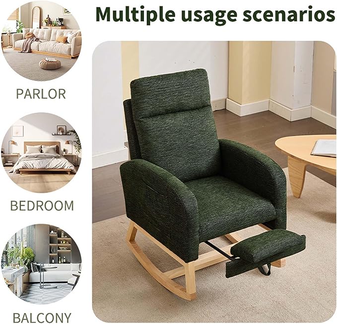 40" Fabric Nursing Rocking Chair, Nursery Chairs with Adjustable Foot Rest, High Backrest Upholstered Arm Chair with Side Pockets, Wood Rocking Chair for Living Room, Bedroom, Baby Room (Dark Green)