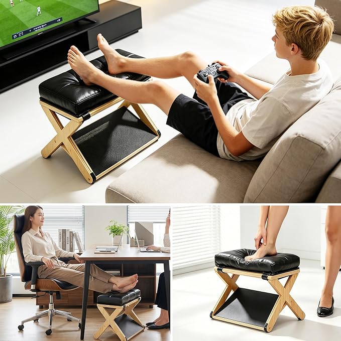 THOUSAND SUNNY Wooden Under Desk Footrest, Desk Foot Stool with Cushioned Top and Non-Slip Base Ergonomic Office Foot Rest for Home Work Gaming