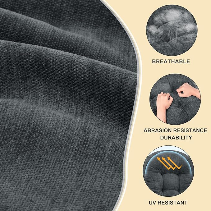 Rocking Chair Cushion - Chenille Fabric, High-Density Sponge, Durable Comfort Double-Sided Tufted Seat Pads with Ties, Chenille︱Dark Gray, 44x19x4 inch