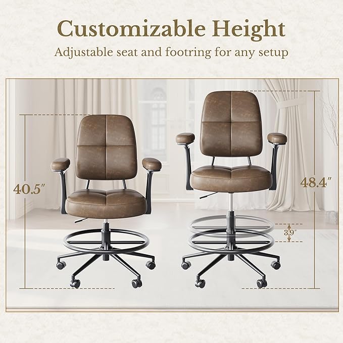 Drafting Executive Chair, Tall Office Chair with Padded Flip-Up Armrests, Mid-Back Cushioned Seat, 360° Swivel Rolling Computer Desk Chair for Standing Desk & Home Office, Vintage Brown
