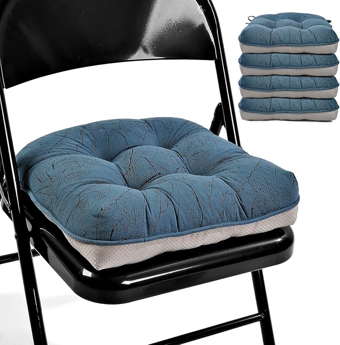 Marble Pattern 3" Chair Cushion for Dining Chair, Filling Bite-Size Memory Foam U-Shaped Seat Cushions for Kitchen Chairs, Non-Slip Indoor Chair Pad with Ties, Set of 4, Blue