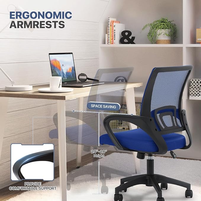 MoNiBloom Mesh Office Chair, Ergonomic Computer Chair for Adults, Rolling Swivel Mid-Back Desk Chair with Lumbar Support, Comfy Armrest for Home Office, Gaming, Blue