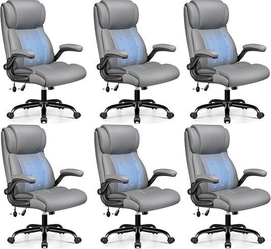 BESTFAIR Ergonomic Office Chair - Desk Computer Chair, Leather High Back Executive Chairs with Adjustable Lumbar Support & Flip Up Arms, Gray 6 Pack