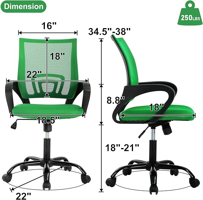Computer Desk Chair,Work Chairs for Home Office,Ergonomic Office Chair with Lumbar Support,Mesh Office Chair with Arm and Wide Comfortable Seat,Adjustable Rolling Office Chair,Green