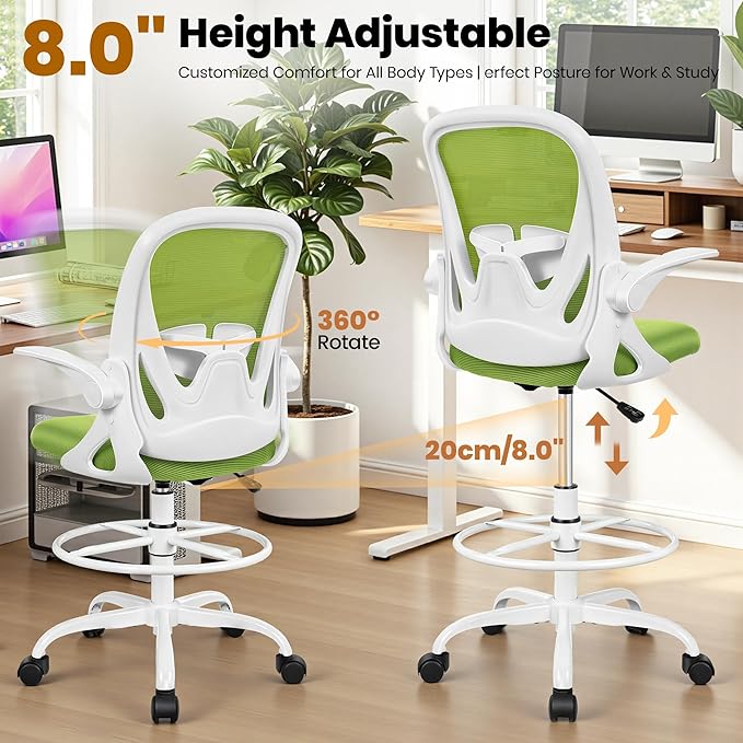Primy Drafting Chair Tall Office Chair with Flip-up Armrests Executive Ergonomic Computer Standing Desk Chair with Lumbar Support and Adjustable Footrest Ring (Green)
