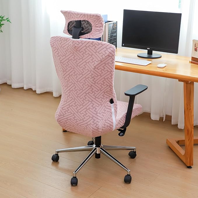 Pink Ergonomic Office Chair Covers Set with Headrest Cover Jacquard 2 Pieces Stretch Desk Computer Office Chair and Headrest Slipcovers Washable