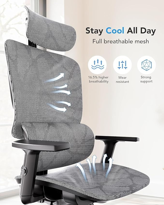 HUANUO Ergonomic Mesh Office Chair with 5-Level Lumbar Support, Computer Gaming Chair with Adjustable Headrest & Armrests, Rocking Tilt, Comfortable High Back Desk Chair for Home Office,4 Pack