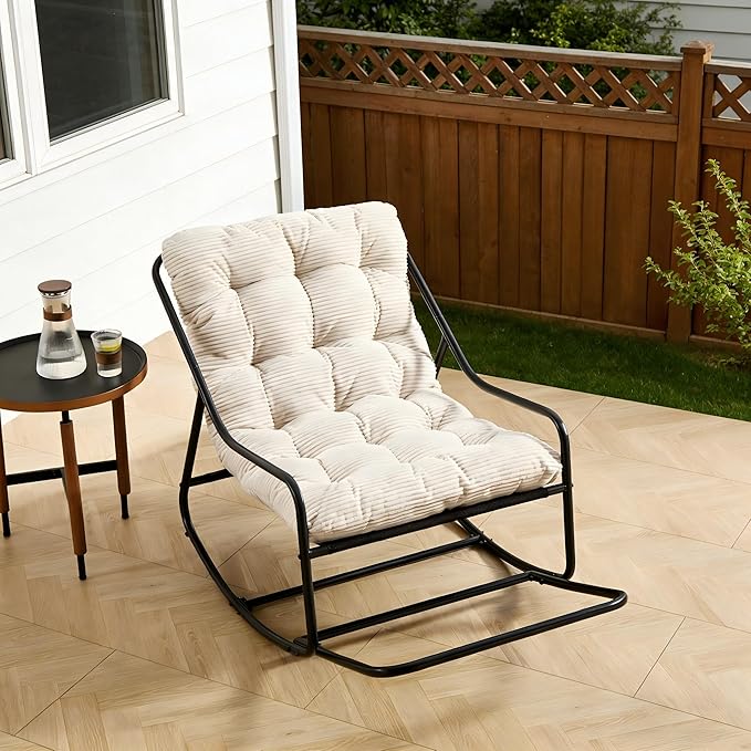 Rocking Chair with Foot Rest, Outdoor Indoor Rocking Lounge Chair with Cushion, Comfortable Patio Rocker Chairs for Patio, Porch, Garden, Living Room, Reading, Metal Frame, White