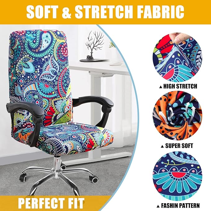 Smiry Stretch Printed Office Computer Chair Covers, Universal Desk Rotating Chair Slipcovers Removable Washable, Soft Fit Anti-Dust Spandex Protector Cover with Zipper, Blue Green