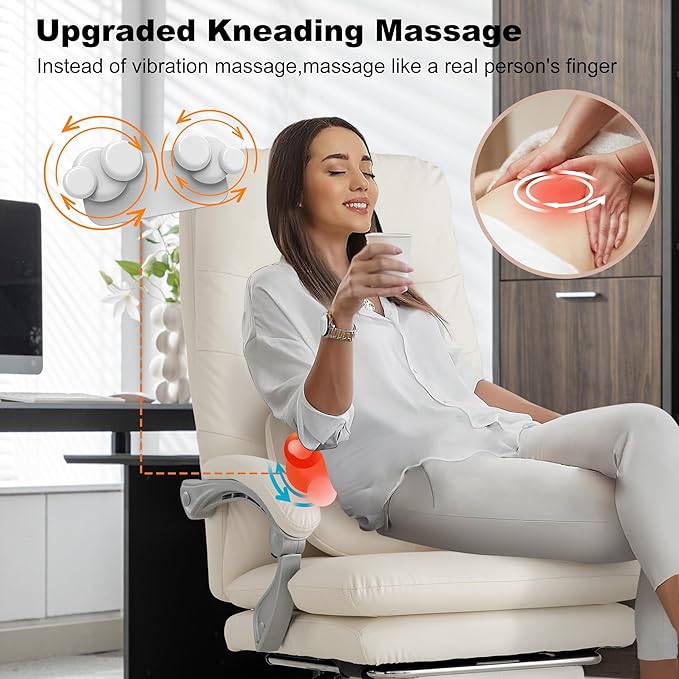 Kneading Massage Executive Office Chair with Heated,90-135° Reclining Chair with Footrest, Ergonomic Desk Chairs (Creamy White with External Massager)