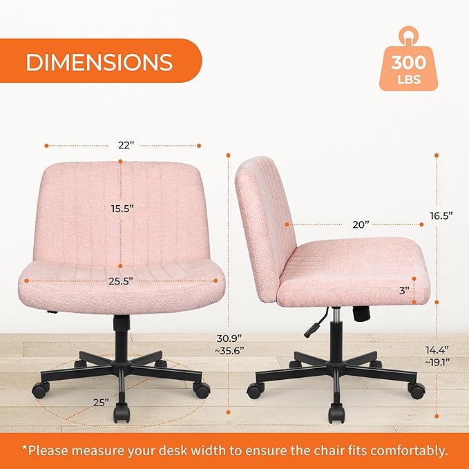 Orange Factory Criss Cross Chair Wheels Wide Cross Legged Office Desk Vanity Chair Comfy Fabric Armless Adjustable Swivel for Home Computer Task (Pink Wheel, Fabric)