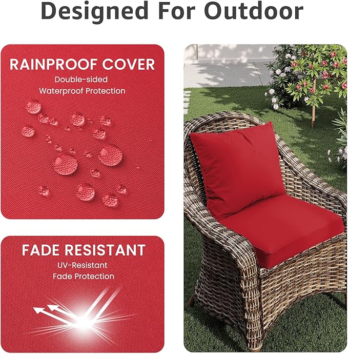 PatioGlow Outdoor Chair Cushions 17 x 16 x 2 Inch, Waterproof & Fade Resistant Patio Seat Cushion for Furniture with Handle and Ties, Thick Seating Pads for Outside Sofa Couch Set of 2, Red