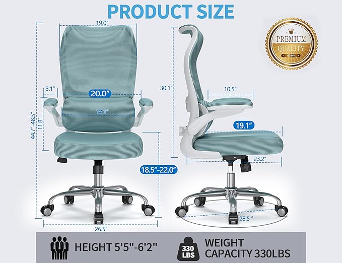 TRALT Ergonomic Office Chair - Desk Chair with Wave High Back Adjustable Lumbar Support Computer Chair - Gaming Chairs Mesh Backrest and PU Leather Seat (Sky Blue)