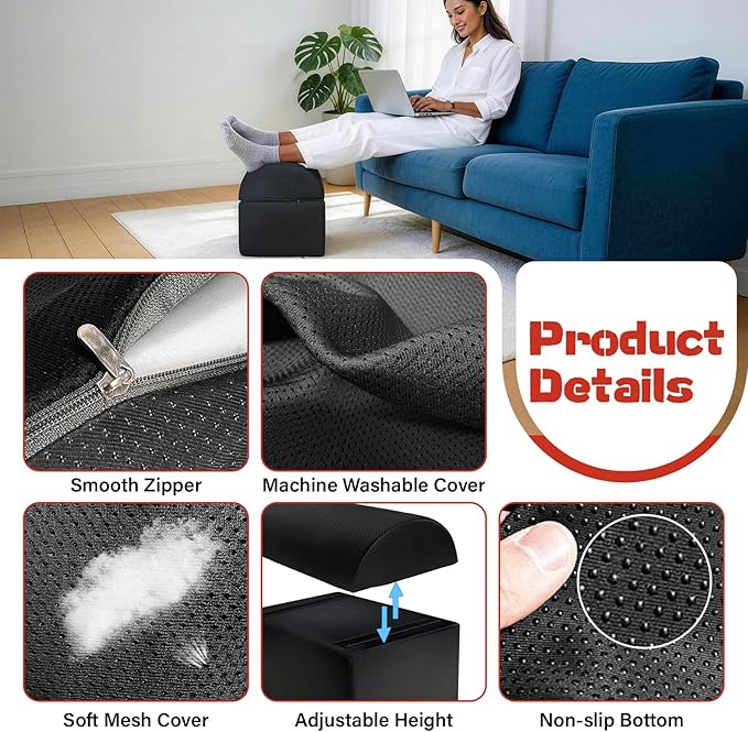 Adjustable Footrest for Under Desk at Work Ergonomic Foot Rest with 3 Adjustable Height Foot Stool for Under Desk Office Footrests with Removable Washable Mesh Cover, Black
