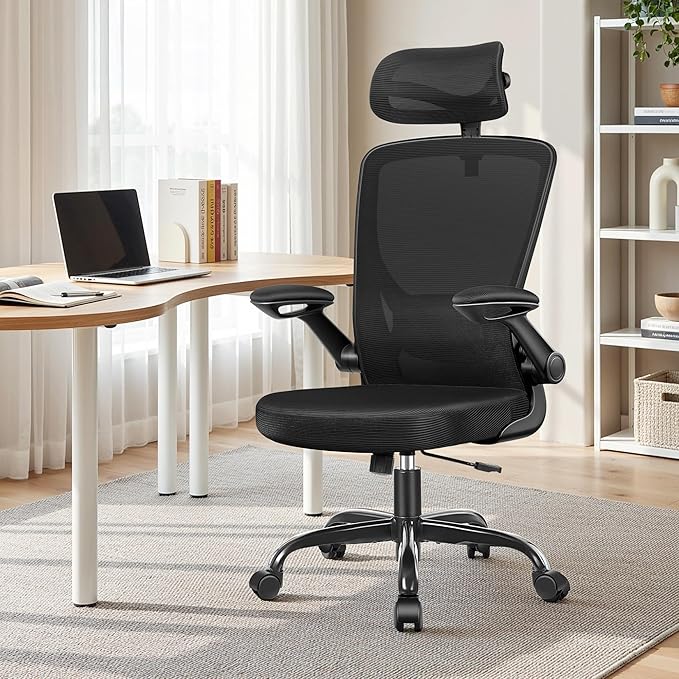 BESTFAIR Office Chair Ergonomic Desk Chair, Breathable Mesh Office Chairs with Adjustable Lumbar Support, Flip-Up Arms, Computer Desk Chair Comfy for Home Office, Black