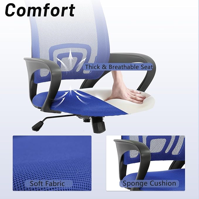 Office Chair,Mesh Office Chair with Arm and Wide Comfortable Seat,Ergonomic Desk Chair with Lumbar Support,Work Chairs for Home Office,Adjustable Rolling Office Chair,Blue