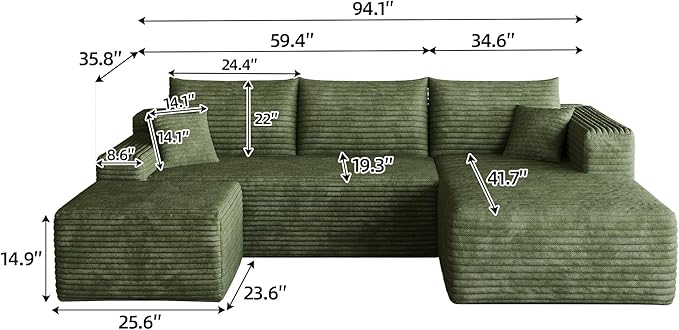 94" Green Fluffy Couch with Ottoman for Living Room, Corduroy No Bones Sectional Couch,Compressed Memory Foam Cloud Sofa,No Assembly Required,Right Facing Chaise,Green