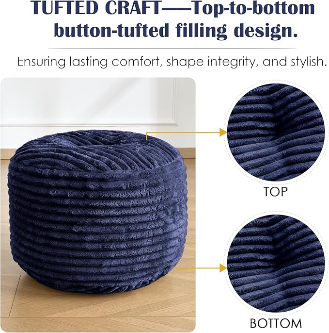 SHOUREN Stuffed Round Ottoman,Corduroy Pouf Ottoman Foot Rest with Foam Filling,Pouf Storage Ottoman Footstool for Living Room,18 X 14 Floor Poufs for Couch - 18 X 14 Inches,Navy