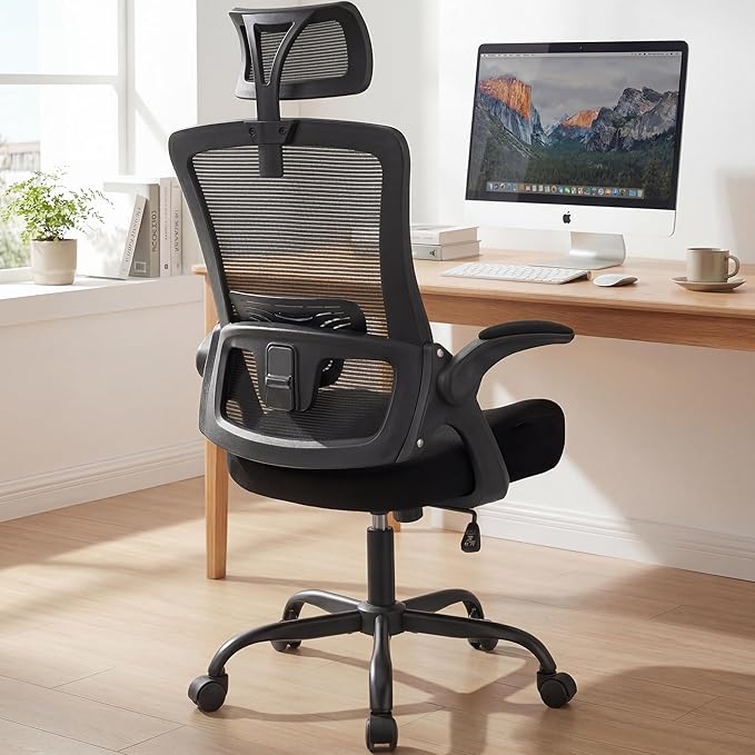 NEO CHAIR Office Chair High Back Desk Chair Comfy Gaming Computer Mesh Seat with Ergonomic Lumbar Adjustable Headrest Rolling Flip-up Armrests and Wheels (All Black)