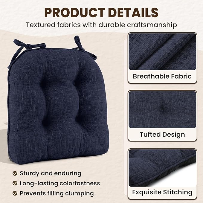 downluxe Indoor Chair Cushions for Dining Chairs, Tufted Overstuffed Textured Kitchen Chair Pads with Ties and Non-Slip Backing, 16.5" x 16.5" x 4", Navy, 4 Pack