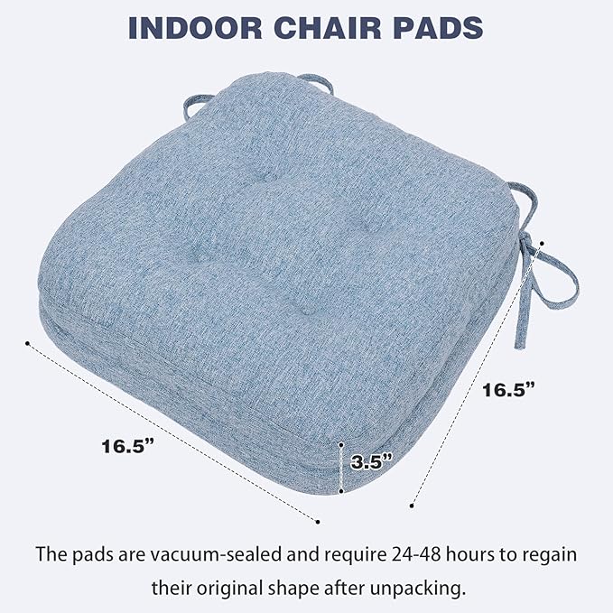 baibu Set of 4 Dining Chair Cushions, Dual-Layer Patent Design Memory Foam Kitchen Chair Cushions, Non-Slip Seat Pads with Ties, 16.5 x 16.5 x 3.5in, 4 Pack, Light Blue