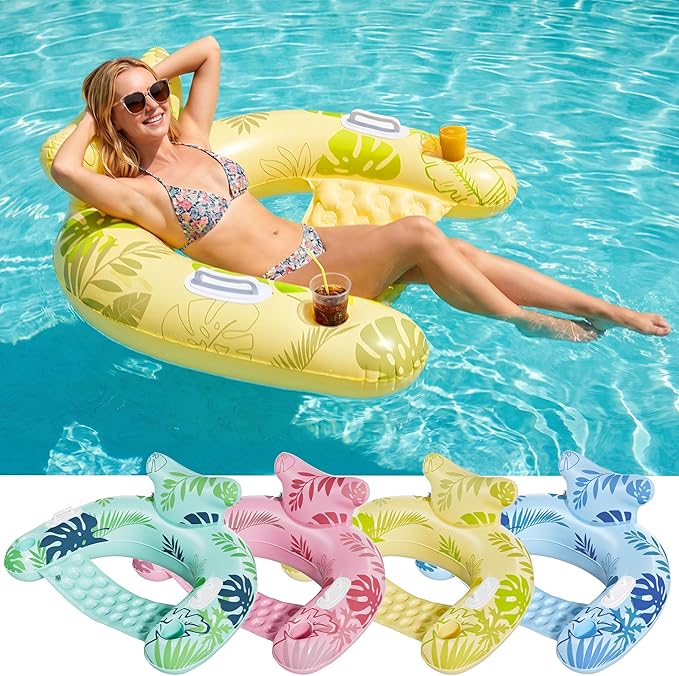 HLDIRECT Inflatable Pool Floats Adult, Floating Pool Chair with Cup Holders for Swimming Pool, Water Chair Pool Lounger with Handles & Ergonomic Headrest for Party Summer Water Fun