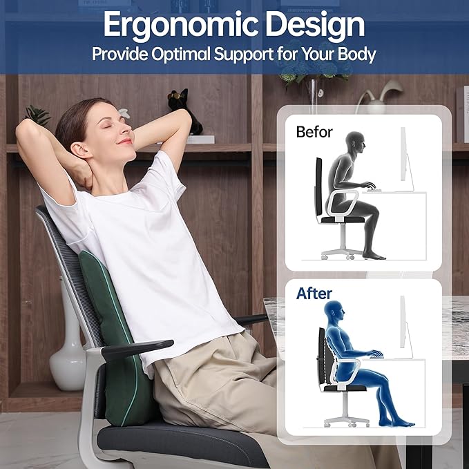 Lumbar Support Pillow for Office Chair Car Seat Gaming Chair, Memory Foam Back Support Pillow, Lumbar Cushion Back Cushion for Lower Back Pain Relief, Adjustable Strap Washable Cover-Dark Green