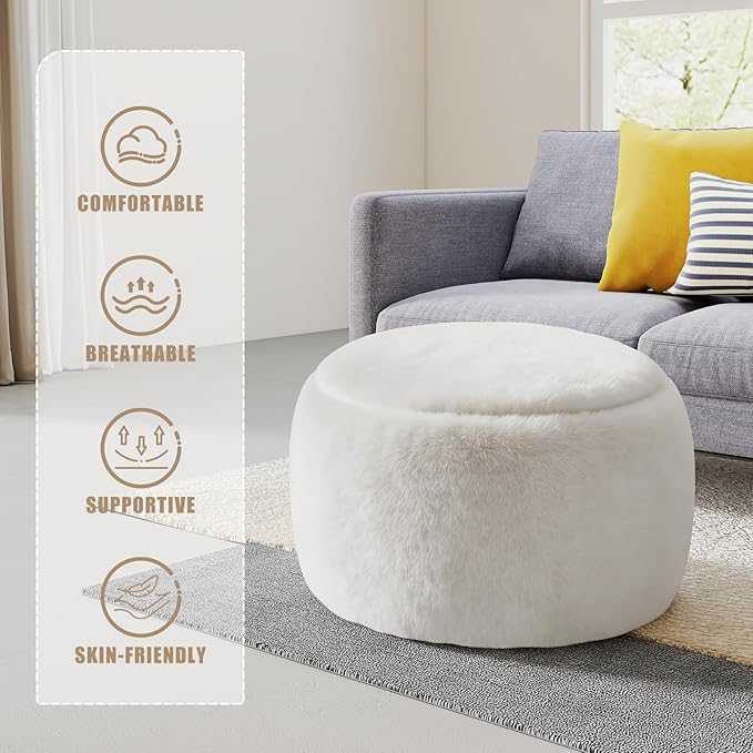 Gericco Round Pouf Ottoman Foot Rest, 29 X 18Inch Floor Poufs Footstool, A Round Modern Foam Filled Foot Stool for Living Room, Home, Nursery, Dorm (White, 29Inch)