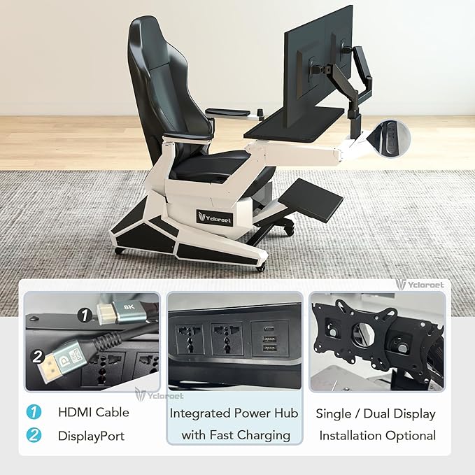 White Zero Gravity Scorpion Gaming Chair Cockpit with Dual Monitor Arm, 165° Reclining 441LB Load Ergonomic Office Chair, Space-Saving Mobile Workstation for PC, PS5, Xbox