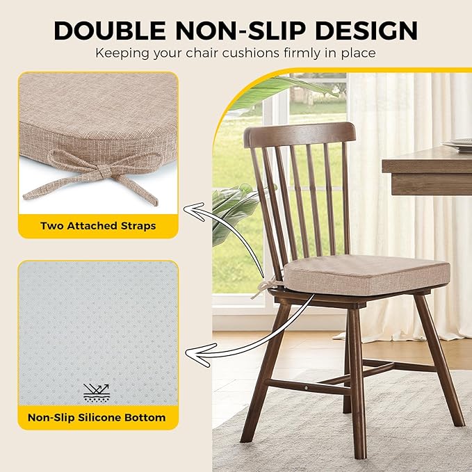 downluxe Indoor Chair Cushions for Dining Chairs, Kitchen Chair Pads with Ties and Non-Slip Backing, 16" x 16" x 2", Oatmeal Beige, 4 Pack