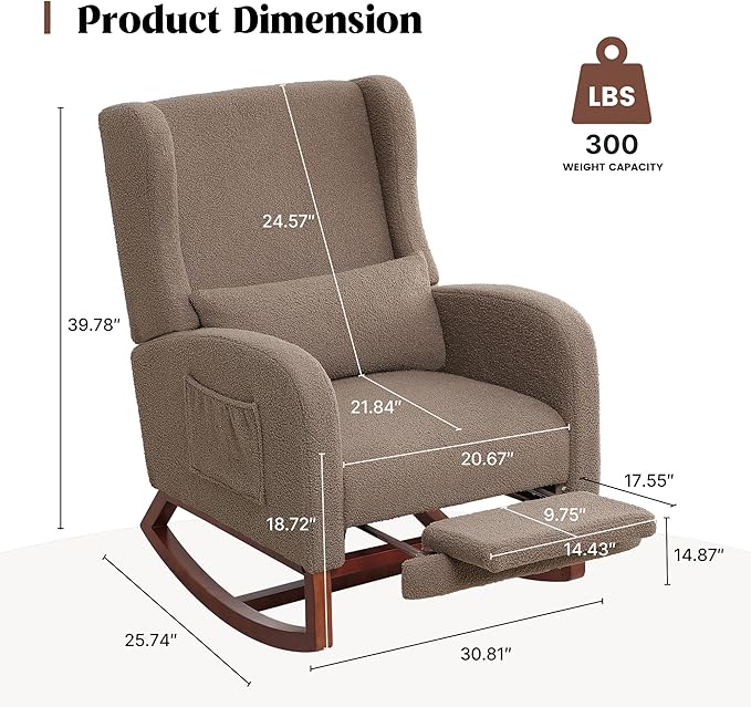 HCHAIRH Rocking Chair with Foot Rest, Teddy Wingback Nursery Rocking Chairs, Nursing Glider Rocker Chair with Pillow and High Back for Nursery, Living Room, Bedroom