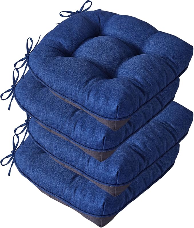 IASEAHK Chair Cushions for Dining Chairs, Seat Cushions for Kitchen Chairs, Indoor Seat Cushions with Ties, Tufted Foam Chair Pads, Non Slip Chair Cushions Set of 4, 15.5" x 15.5" x 4", Navy Blue