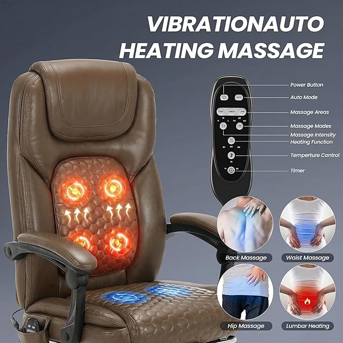 MALOL Massage Office Chair with 3-Level Heat and Footrest – 20-Min Easy Assembly, 300 lbs Big and Tall Reclining Desk Chair, PU Leather Ergonomic Executive Computer Chair with Side Pocket, Brown