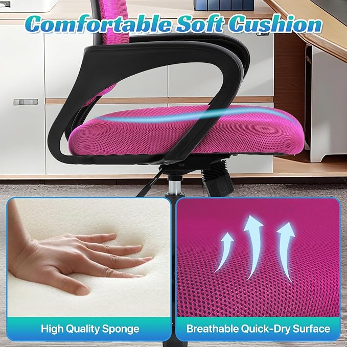 Ergonomic Office Chair Mesh Mid Back with Lumbar Support Armrest, Adjustable Home Desk Chair Comfy Computer Task Drafting Rolling Swivel Chairs for Gaming, Home Work, Study, Pink