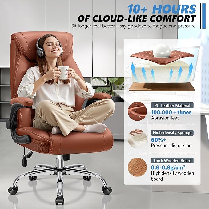 Office Chair, Big and Tall Ergonomic Desk Chair, Executive Leather Computer Chair with Adjustable Lumbar Support, Comfy Gaming Chair with Flip Up Arms, Swivel PC Chair with Rocking Function, Brown