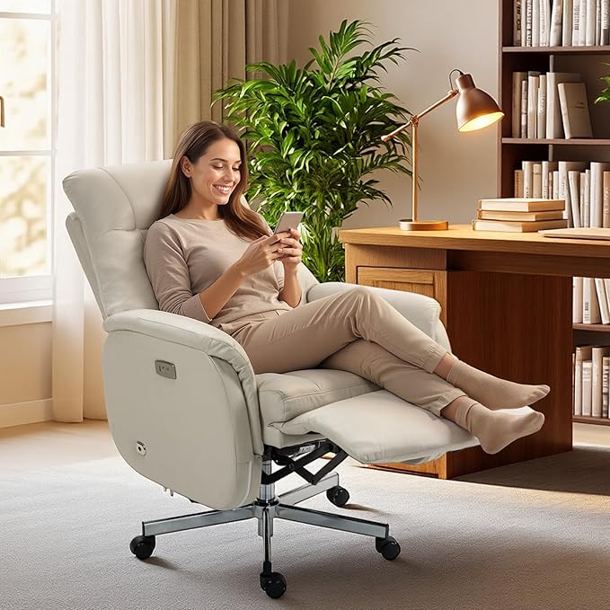 ECOTOUGE Electric Office Chair with USB Charging, Recliner Executive Office Chair with Footrest, Big and Tall High-Back Desk Chair, 400LBS Weight Capacity, Microfiber, Beige