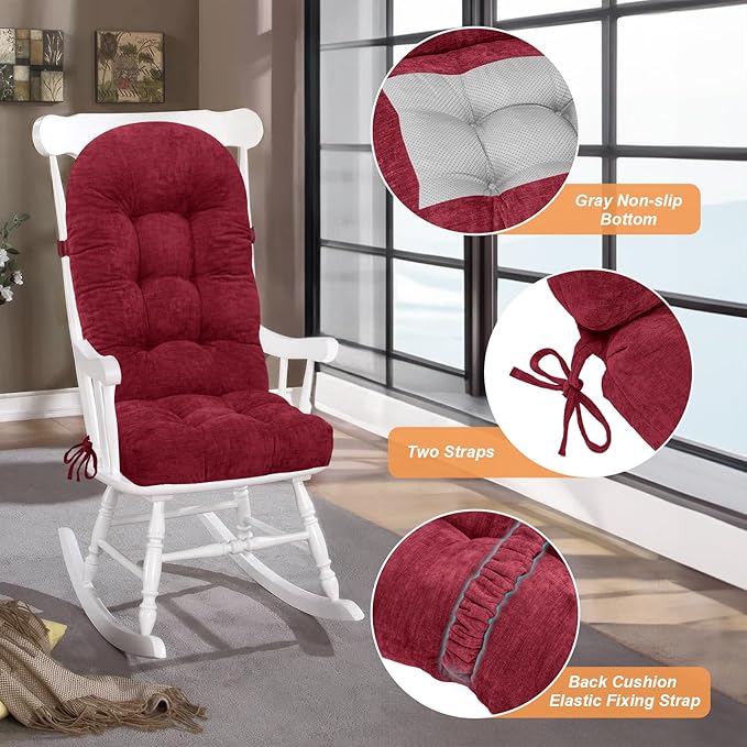Rocking Chair Cushion - Chenille Fabric, High-Density Sponge, Durable Comfort Non-Slip Bottom Tufted Seat Pads with Ties, Chenille︱Red, 44x19x4 inch