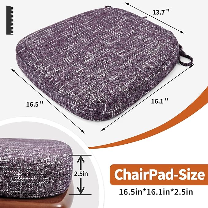 SINOSSO Chair Cushions for Dining Chairs, Soft Blended 2.5" High Density Support Foam Kitchen Seat Cushions with Ties, U-Shaped Non-Slip Indoor Chair Pads, 16.5" x 16", 4 PCS, Purple