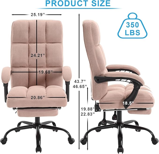 Erogonomic Reclining Office Chair with Footrest, High Back Fabric Cute Comfortable Recliner Office Desk Chair with Leg Foot Rest for Women,Pink