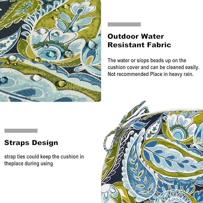 DYTXIII Set of 4 Outdoor Chair Cushions with Ties,Water Repellent Patio Chair Pads 17"x 16" for Outdoor Furniture,Round Corner Seat Cushions for Garden Yard Kitchen Paisley Lapis Green