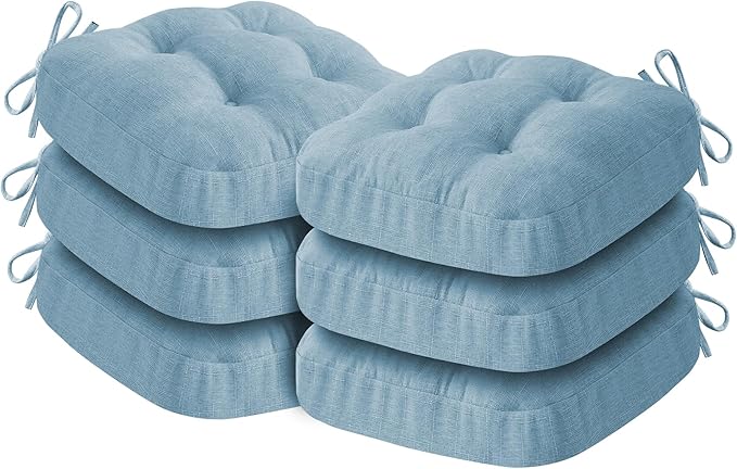 IASEAHK Chair Cushions for Dining Chairs, Dining Chair Cushions, Tufted Indoor Chair Pads with Ties & Non Slip Backing, Seat Cushions for Kitchen Chairs 16.5” x 16.5” x 3.5”, Set of 6, Light Blue
