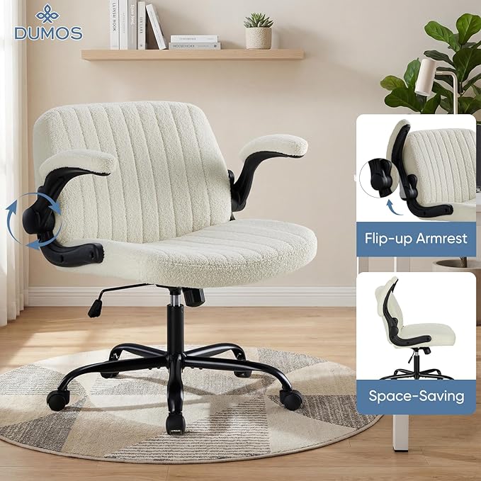 DUMOS Criss Cross Home Office Chair with Wheels, Wide Cross Legged Desk Vanity Chair Comfy Fabric Flip-Up Armrests Adjustable Swivel Chairs for Home Computer Bedroom, Creamy White