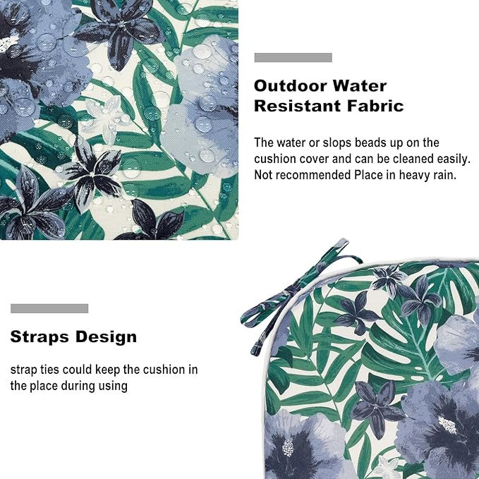 DYTXIII Set of 4 Outdoor Chair Cushions with Ties,Water Repellent Patio Chair Pads 17"x 16" for Outdoor Furniture,Round Corner Seat Cushions for Garden Yard Kitchen Blue Salmone Tropical