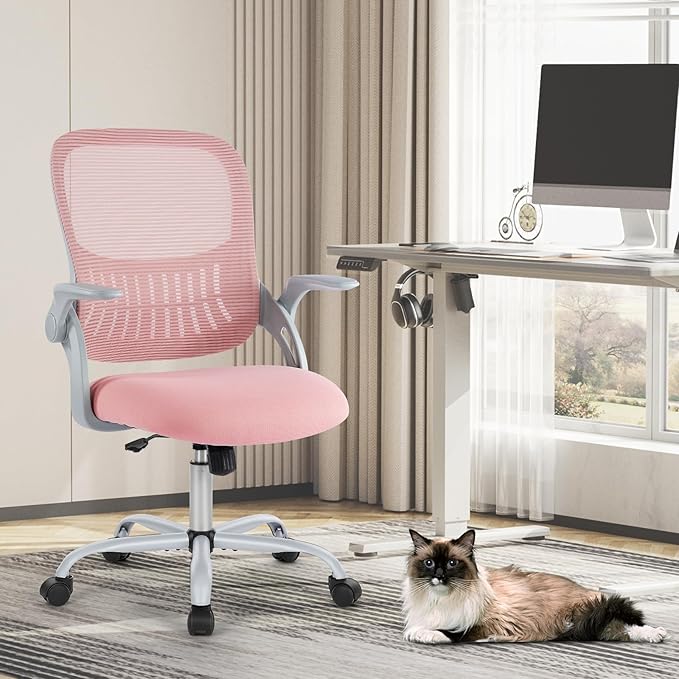 Sweetcrispy Home Office Managerial Executive Chair, Ergonomic Mesh Adjustable Swivel Mid-Back Chair with, Flip-up Arms, Comfortable Lumbar Support, Comfy Arms for Bedroom,Study,Student