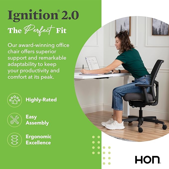 HON Ignition 2.0 Low Back Task Chair, Spectrum Mesh, Advanced Synchro-Tilt Control, Office Chair with Lumbar Support, Height and Width Adjustable Arms, Black Frame, Onyx
