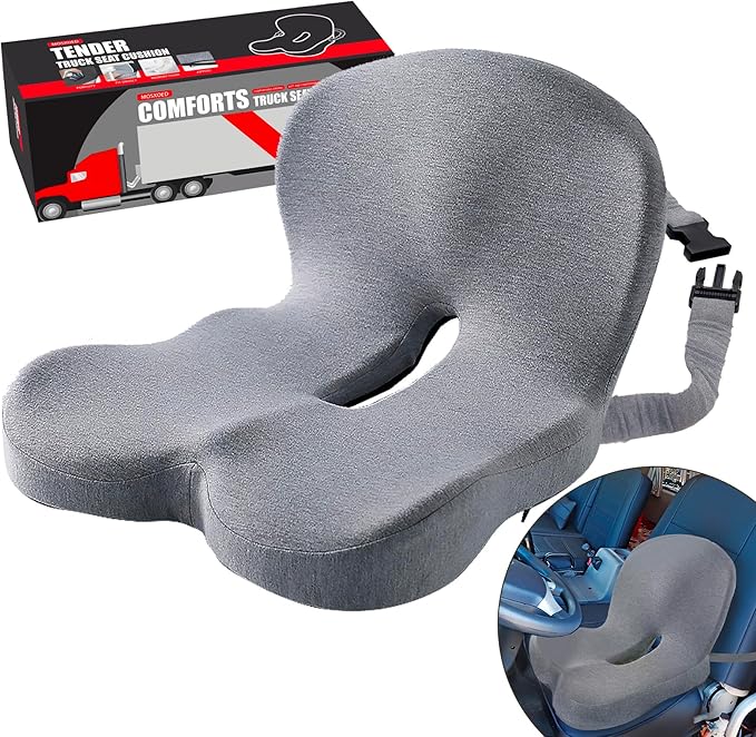 Ergonomic Seat Cushion with Adjustable Strap, Memory Foam Office Chair Seat Cushion with L-Shaped Design, Car Seat Cushion Fits for Truck Driver Semi Truck, Gaming Chair, Desk, Light Gray