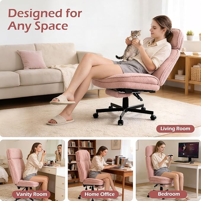 Criss Cross Chair with Wheels - Home Office Desk Chairs with Foot Rest, Morden Comfy Swivel Makeup Chair for Vanity, Ergonomic Cross Legged Office Chair with High Back & Wide Seat, Pink